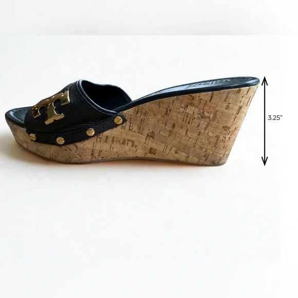 TORY BURCH Navy Leather Ines Cork Wedge Sandals - Gold Logo w/ shoe bag 9M - Picture 5 of 9